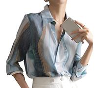Youllyuu Camicetta in chiffon stampata da donna Top a maniche lunghe Camicette in raso vintage Camicia di seta allentata casual, Blu, S