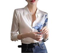 Youllyuu Camicetta in chiffon stampata da donna Top a maniche lunghe Camicette in raso vintage Camicia di seta allentata casual, bianco, M