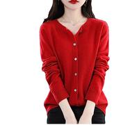 Youllyuu Maglione Cardigan Girocollo in Lana 100% Cappotto Maglione in Cashmere Maglione Sottile Lavorato a Maglia Tinta Unita Red M