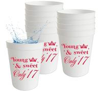 Young & Sweet Only - 17 bicchieri di plastica da 470 ml, motivo: regina danzante, 17 bicchieri riutilizzabili Happy 17th Birthday Drinkware Cheer 17 anni decorazione per feste 12 pezzi, bianco