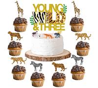 Young Wild & Three Cake Topper Jungle Animals Cupcake Topper, Safari Jungle Animal Print Happy 3rd Birthday Cake Decor, Decorazioni per la terza festa di compleanno 25 Pack