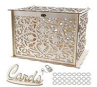 Young Wolf Scatola regalo cava in legno per matrimonio, con chiave, per baby shower, decorazione di compleanno, 32 x 24 x 22 cm (colore naturale)