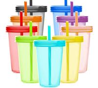 Youngever 9 Pacchi Tazze di Plastica con Coperchio e Cannuccia, 9 Tazze riutilizzabili con Cannuccia in 9 Colori Assortiti