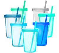 Youngever Confezione da 7 bicchieri per bambini con cannuccia, 7 bicchieri in plastica riutilizzabili con coperchio cannuccia (Coastal)
