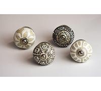 youngschwinnDESIGN - Confezione da 4 pomelli per mobili in ceramica, bianco e grigio | Diametro: 40 mm | Pomello per armadio, cassetto | incl. viti | shabby chic | vintage