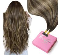 YoungSee Extension con nano anello, capelli veri, balayage, leggere, lisce | Extension di capelli veri con nanoring, castano scuro ombré, biondo caramello, lunga durata, traspiranti, per matrimonio