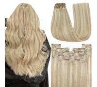 YoungSee Extension per capelli naturali con clip lunghi, 50 cm, extension a clip, capelli naturali meche biondi riaggiunta Clips-in umano biondo cenere con biondo platino Highlight 7 pezzi 20 pollici