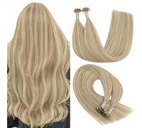 YoungSee Extension per capelli veri, biondi, biondi, biondo cenere con biondo platino, extension per capelli veri, cheratina, bionda da donna, 55 cm, 50 g, 18/613