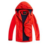 YoungSoul Giacche impermeabili per bambini e bambine, leggere, foderate in pile, impermeabile/mantella antipioggia con cappuccio staccabile, Nero e rosso, 3-4 Years
