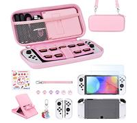 Younik Pacchetto Accessori Switch OLED, kit Accessori OLED rosa 17 in 1 per Ragazze Include Custodia per Switch, Supporto Regolabile, Custodia Protettiva per Console Switch e J-Con (Rosa Brillante)
