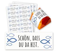 younikat Schön, dass du da bist - Set di 60 adesivi per bomboniera, adatti per baci, cioccolatini, pesce, blu, battesimo, matrimonio, comunione, dv1423