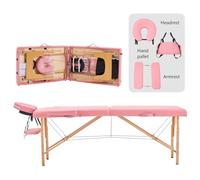 YOUNIKE Lettino Massaggio Portatile Pieghevole a 2 Zone in Legno Faggio 186x60 cm per Fisioterapia Portata 250 kg Altezza Regolabile Poggiatesta e Braccioli Rimovibili con Sacchetto per Polvere Rosa