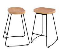 YOUNIKE Sgabello da Bar Senza Schienale, Seduta in Legno di Olmo Naturale con Base in Metallo Solido Nero, Poggiapiedi Integrato Non Girevole, Altezza Fissa per Cucina/Bar/Sala da Pranzo