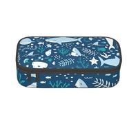 YounPrenG Astuccio portapenne, astuccio portapenne stampato di grande capacità, portapenne per ufficio e scuola,Sorridente squalo animali marini pesci stelle marine blu