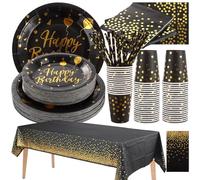 YOUNTHYE 252 pezzi nero e oro forniture per feste di compleanno, piatti di carta neri e oro da 17,8 cm + 22,9 cm, tovaglioli, cannucce, bicchieri di carta, tovaglia, set da tavola per feste per 50