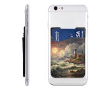 YoupO Coast Wave and Lighthouse, porta carte di credito in pelle con stampa a forma di faro, porta carte per il retro del telefono, compatibile con la maggior parte dei telefoni cellulari (iPhone