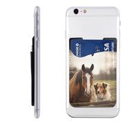 YoupO Collie Dog and Horse Together - Porta carte di credito in pelle con stampa di cane e cavallo insieme, porta carte per il retro del telefono, compatibile con la maggior parte dei telefoni