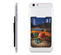 YoupO Porta carte di credito in legno con violino e rosa, in pelle, con supporto per il retro del telefono, compatibile con la maggior parte dei telefoni cellulari (iPhone, Android), bianco, taglia