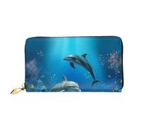 YoupO Portafoglio da donna lungo pochette portafoglio in pelle microfibra con cerniera borsa lunga da viaggio borsa subacquea delfini corallo stampato portafoglio mobile, nero, taglia unica