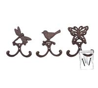 your castle Set di 3 ganci con motivo animale: uccello, libellula e farfalla, ganci decorativi da parete in ghisa, 11,5 x 3,5 x 13,5 cm