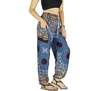 Your Cozy Harem Pants - Pantaloni da donna con coulisse stampati, motivo elefante, stile bohémien, per yoga, spiaggia, Piuma blu navy, Large