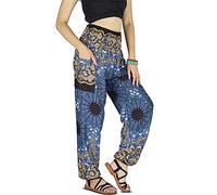 YOUR COZY Pantaloni harem da donna, stile boho, Genie Aladdin, con punto smock in vita, Piuma blu navy, L