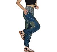 YOUR COZY Pantaloni harem da donna, stile boho, Genie Aladdin, con punto smock in vita, Verde marino1, S