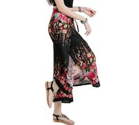 Your Cozy Women's Wide Leg Palazzo Pants for Yoga Lounge Hippie Harem Flowy Trousers Adjustable Waist Size 27-35 inch. (Black Flowers)