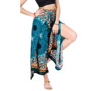Your Cozy Women's Wide Leg Palazzo Pants for Yoga Lounge Hippie Harem Flowy Trousers Adjustable Waist Size 27-35 inch. (Turquoise Peacock Tail)