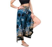 Your Cozy Women's Wide Leg Palazzo Pants for Yoga Lounge Hippie Harem Flowy Trousers Adjustable Waist Size 27-35 inch. (Navy Feather)