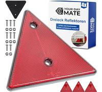 Your Day Mate Triangoli catarifrangenti per rimorchio, confezione da 4 pezzi, in rosso, con set di viti, lunghezza lato 15 cm, interasse fori 70 mm, con marchio E, catarifrangente posteriore