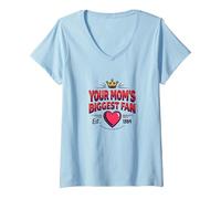 Your Mom's Biggest Fan EST. 1984 Retro Crown Heart Maglietta con Collo a V, Donna, Celeste, L