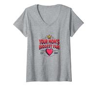 Your Mom's Biggest Fan EST. 1984 Retro Crown Heart Maglietta con Collo a V, Donna, Grigio Melange, L