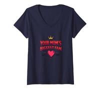 Your Mom's Biggest Fan EST. 1984 Retro Crown Heart Maglietta con Collo a V, Donna, Navy, L