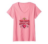 Your Mom's Biggest Fan EST. 1984 Retro Crown Heart Maglietta con Collo a V, Donna, Rosa, L