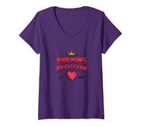 Your Mom's Biggest Fan EST. 1984 Retro Crown Heart Maglietta con Collo a V, Donna, Viola, L