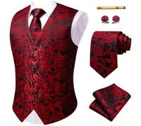 YourTies Gilet da uomo in seta jacquard floreale cachemire set 5 pezzi | Gilet con scollo a V e colletto a scialle, gemelli quadrati con tasca per cravatta, set di fermacravatta, formale, casual