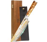 YOUSUNLONG Coltello da cucina - Coltello da chef Tanto giapponese fatto a mano da 210mm - Lama affilatissima in acciaio damasco color rame - Manico in legno di radica naturale con pelle