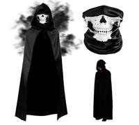 YouthLoxus Mantello nero 140 cm, maschera traspirante con teschio, mantello da mago, costume voldemort triste mietitore, vampiro, strega, carnevale, Halloween, mantello nero, adatto per adulti e