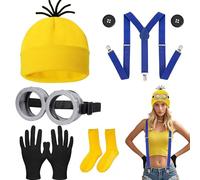 YouthLoxus Set da 7 pezzi costume da minion, accessori da minion tra cui occhiali da minion, cappello giallo, calze, guanti, spallacci e bottoni. Adatto per costumi di Halloween, feste di trucco per