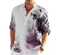 YouTownEU Camicia da Uomo Camicie Casual a Maniche Lunghe con Bottoni Camicia con Colletto in Piedi con Motivo Leopardato Top per Vacanze estive in Spiaggia Camicia Henley da Strada all'aperto