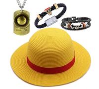 YouU - Cappello di paglia da sole per cosplay, costume da festa, cappello da spiaggia per uomo e donna, collana e braccialetti Ruffy, gioielli anime OP con adesivi, 24 pezzi