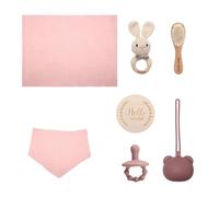 Youuys Regalo personalizzato da 7 pezzi per la nascita per neonati, regalo per bambini, asciugamani da bagno, sonaglio, ciuccio, biglietti miliari, bavaglini, spazzola, confezione regalo (rosa)
