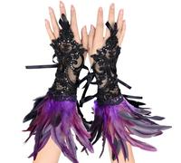 YOUYIKE 2 Pezzi Guanti di Pizzo di Piume, Guanti di Pizzo di Epoca, Guanti di Pizzo Senza Dita, Abbigliamento Gotico, Adatti per Carnevale, Halloween, Balli Studenteschi, Cosplay, Feste(Viola Nero)
