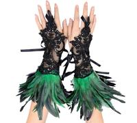 YOUYIKE 2 Pezzi Guanti di Pizzo di Piume, Guanti di Pizzo di Epoca, Guanti di Pizzo Senza Dita, Abbigliamento Gotico, Adatti per Carnevale, Halloween, Balli Studenteschi, Cosplay, Feste(Verde Nero)
