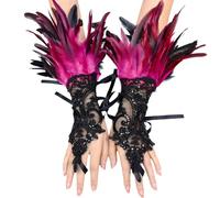 YOUYIKE 2 Pezzi Guanti di Pizzo di Piume, Guanti di Pizzo di Epoca, Guanti di Pizzo Senza Dita, Abbigliamento Gotico, Adatti per Carnevale, Halloween, Balli Studenteschi, Cosplay, Feste(Rosa Rossa)