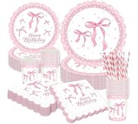 YOUYIKE 80 Pezzi Stoviglie per Feste di Compleanno Fiocco Rosa, Piatti Compleanno per 16 Ospiti con Piatticarta Tovagliolicarta Bicchiericarta Cannuccecarta Rosa Set da Tavola con Fiocco