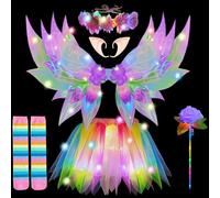 YOUYIKE Luminoso Ali da Fata Costume Fata Bambina, con LED Tutu Gonna Tulle Cerchietto Bacchetta Magica Orecchie e un paio di calzini a righe rosa, per compleanno Halloween Carnevale Cosplay