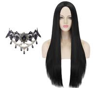 YOUYIKE Nera Parrucca da Donna Rettilinea, Con una Collana Gotica, Parrucca Addams, Parruccas Nera Lunga Dritta da Donna per Halloween, Parruccas da Strega, per Halloween Carnevale Cosplay