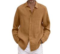 YOUYING Camicie da uomo in cotone e lino, a maniche lunghe, con bottoni, casual, vestibilità comoda, leggere, estive, da spiaggia, taglie forti, A# Cachi, 4XL